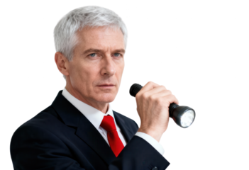 Serious Businessman with Flashlight in Studio on White