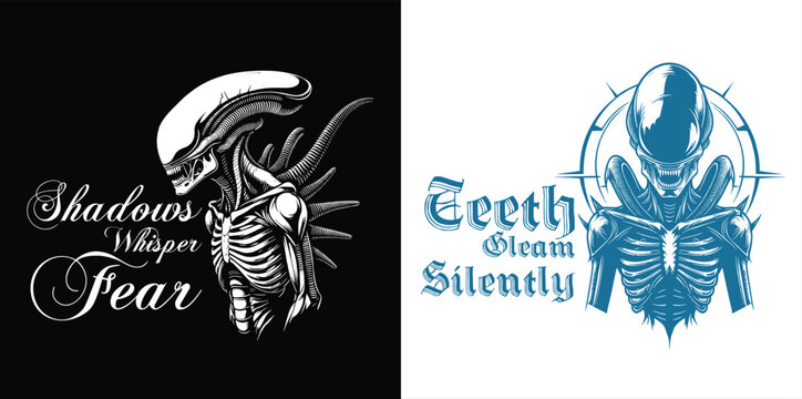 Vector minimalist illustration featuring stylized xenomorph art