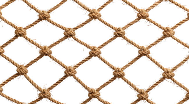 Detailed close-up of a rustic, natural hemp rope fishing net against a clean white backdrop, perfect for nautical themes and textures