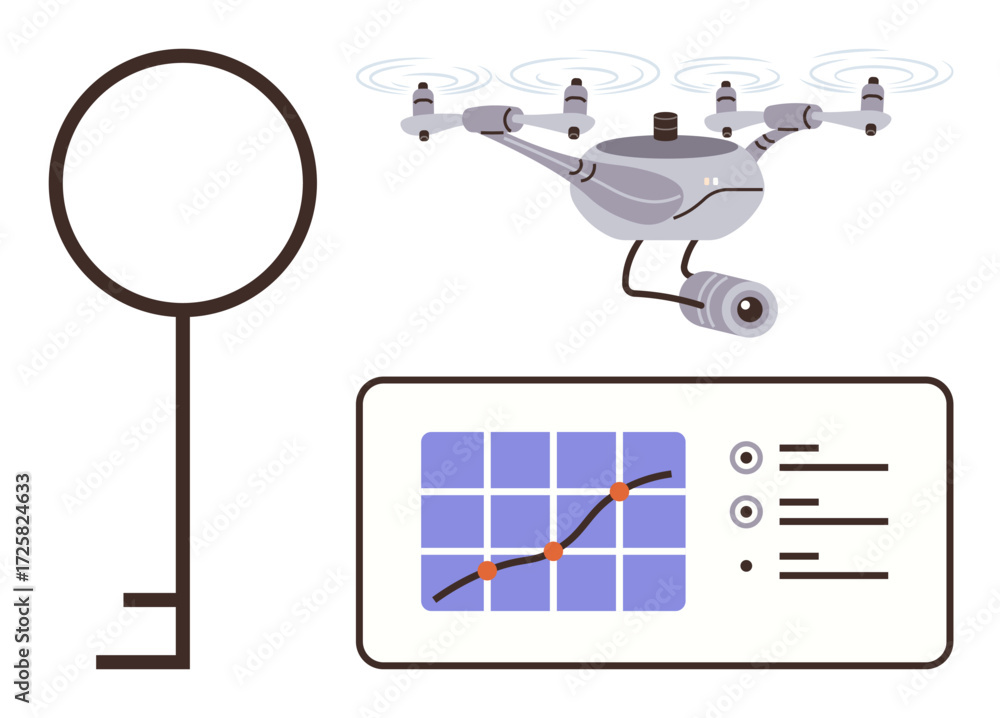 Aufkleber drone monitoring data on a chart, key symbolizes unlocking opportunities. ideal for technology, secu