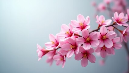 Fototapeta premium Delicate blossoms in soft pink hues grace a light-gray backdrop, capturing the essence of springtime.