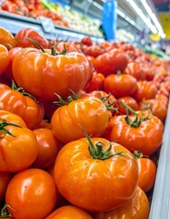 Fresh tomatoes piled high in produce aisle