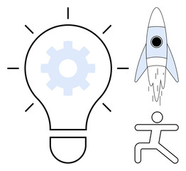Light bulb with gear symbol, rocket launching, and running figure symbolizing innovation, teamwork, and growth. Ideal for creativity, strategy, entrepreneurship, goals progress collaboration