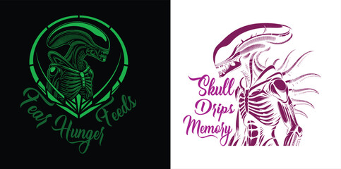 Vector minimalist illustration featuring stylized xenomorph art