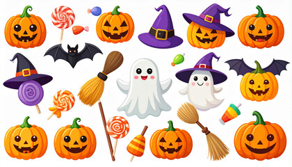 Cute cartoon vector of Halloween icons- smiling pumpkin, ghost with round eyes