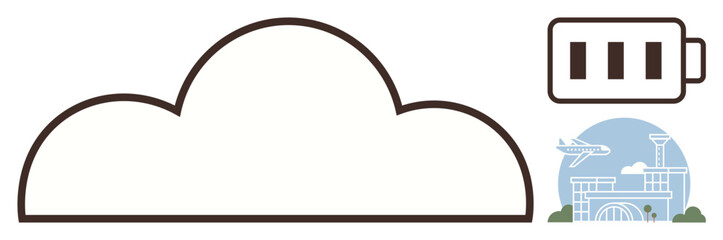 Large outlined cloud beside a battery icon and airport symbol. Ideal for technology, energy, aviation, network, travel, innovation, sustainability. Simple flat metaphor
