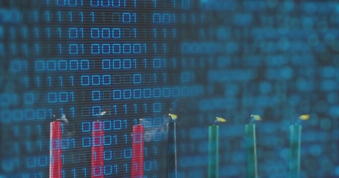 Reaching third second, seven candles extinguishing over scrolling binary code visualizing shutdown