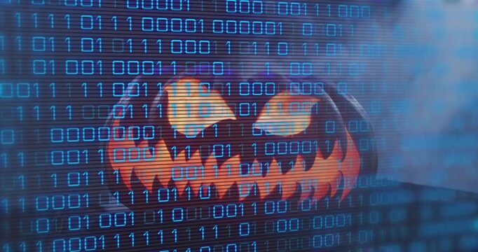At start binary overlay appearing, pumpkin glowing, smoke rising, code flickering creating display