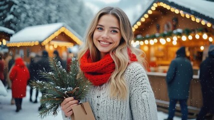 Young woman with blonde hair in a red scarf and sweater holds pine branches at a snowy Christmas market. Festive lights and wooden stalls create a winter wonderland. Video made using Generative AI.