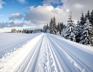 Snow-covered path through a winter landscape, trees dusted with snow