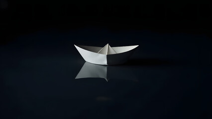 Minimalist paper boat on dark water symbolizing migration, escape and global refugee crises.