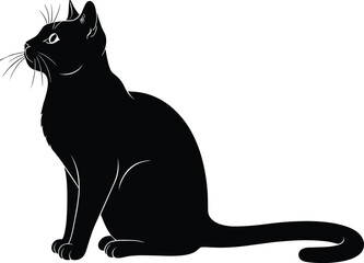 Black cat silhouette vector, sitting feline clipart, elegant pet shape, whiskers detail, animal graphic, minimalist design, isolated illustration, stock art