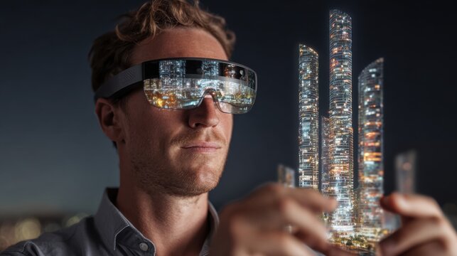 Immersive Technology Experience in a Futuristic Cityscape During Night Time