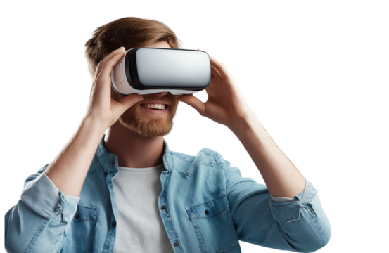 Young man wearing a virtual reality headset and smiling, isolated on transparent background