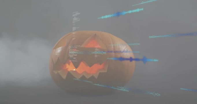Once glowing, pumpkin resting on grey table initiating code streams and waveforms drifting in mist