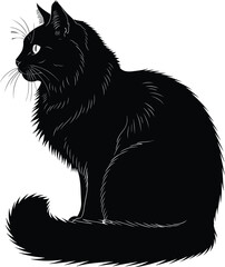 Black cat silhouette, sitting feline vector, fluffy tail, whiskers, pet animal, domestic cat, isolated shape, elegant posture, realistic fur detail