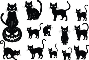 Black cat silhouettes collection, spooky feline poses, Halloween pumpkin vector, scary cat expressions, haunted night theme, silhouette clipart for seasonal design