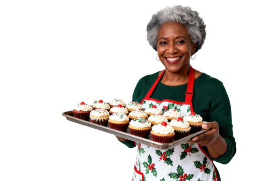 Smiling Senior African American Woman with Christmas Cupcakes