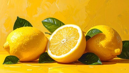 Fresh vibrant lemons on yellow background