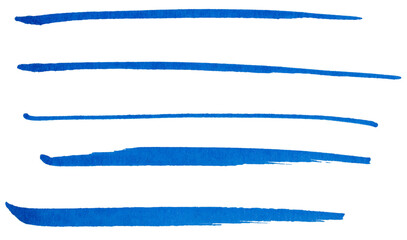 Hand drawn blue marker brush strokes set, abstract ink lines collection for underline, highlight, text divider, design element, doodle sketch, isolated simple shapes on transparent background