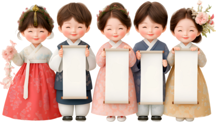Korean children in hanbok holding blank paper, anime style