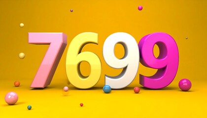 A vibrant, 3D-rendered numerical sequence against a sunny yellow background, scattered with colorful spheres creating a dynamic composition