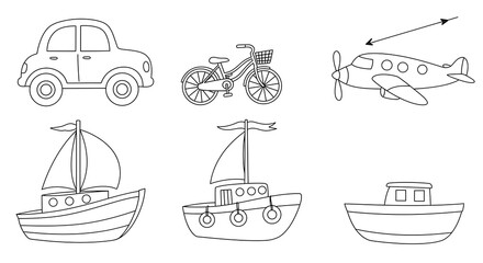 A charming collection of various modes of transportation, presented in a clean, black and white outline style, perfect for children's learning materials or transportation-themed coloring books