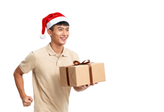 Happy Asian Delivery Man in Santa Hat with Christmas Gift on White Background