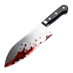Bloody chef's knife isolated on white background for halloween or criminal scene themes