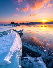 Frozen lake at sunrise