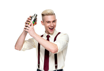 Stylish bartender shaking cocktail, isolated on white backdrop for bar ads.