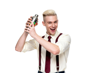 Stylish bartender shaking cocktail, isolated on white backdrop for bar ads.