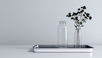 Minimalist still life with glass bottles and dried flowers on a tray