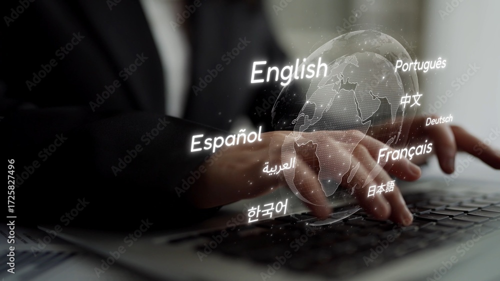 Poster global communication with multiple languages, digital translation tools, multilingual technology, cr