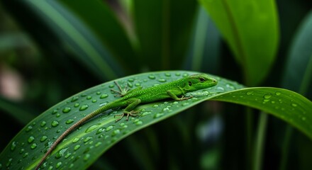 Vibrant Green Lizard on Dew-Kissed Leaf - A vibrant green lizard rests on a dew-laden leaf, symbolizing nature, tranquility, camouflage, resilience, and the beauty of the natural world