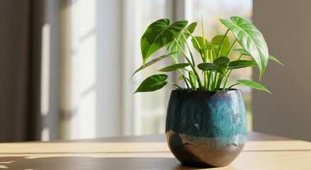 Vibrant Green Plant in Teal Pot - Lush green houseplant in a stylish teal ceramic pot, sitting on a light wood table by a window. Perfect for home decor, nature, and plant-themed projects