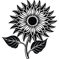 Black and white outline of a single sunflower plant with detailed petals and stem
