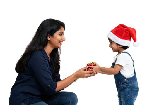 Indian Mother Giving Christmas Gift to Daughter in Santa Hat on White