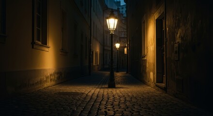 Vintage Lantern Glow on Cobblestone Street - Atmospheric night scene, old town charm, vintage streetlight, cobblestone path, warm light illuminating darkness.