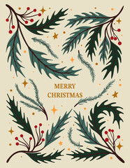Christmas Greeting Card with Festive Leaves and Berries. Vector Illustration. 