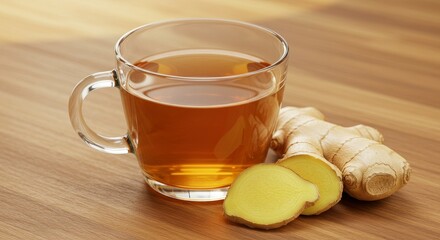 Warm Ginger Tea in Glass Mug - A clear glass mug of warm ginger tea sits on a wooden surface next to fresh ginger root slices