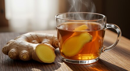 Warm Ginger Tea in Glass Mug - A steaming cup of ginger tea sits on a wooden table next to a piece of fresh ginger root. Perfect for fall or winter