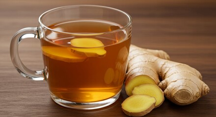 Warm Ginger Tea in Glass Mug - Aromatic ginger tea, sliced ginger root, warmth, health, natural remedy. A comforting beverage perfect for chilly days
