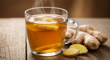 Warm Ginger Tea in Glass Mug - Steaming cup of ginger tea with fresh ginger root slices on a wooden table. Perfect for a cozy autumn or winter beverage