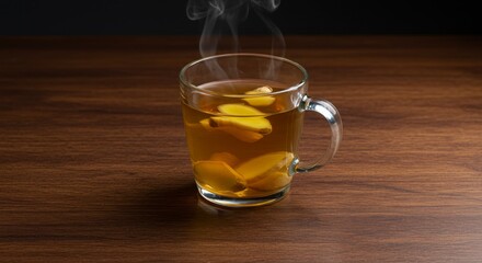 Warm Ginger Tea in Glass Mug - Steaming cup of ginger tea, representing warmth, health, comfort, natural remedy, and relaxation. Perfect for a cozy autumn or winter day