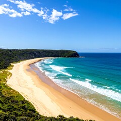 Secluded, crescent-shaped beach with turquoise water,  golden sand, and lush green headland under a vibrant blue sky
