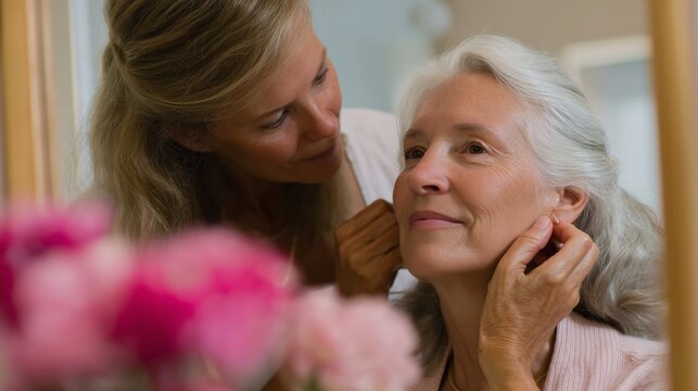 Caring daughter helps mother with earrings in cozy room