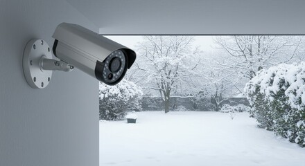 Winter Security Camera View - A security camera mounted indoors overlooks a snowy winter landscape, symbolizing safety, protection, surveillance, peace of mind, and vigilance