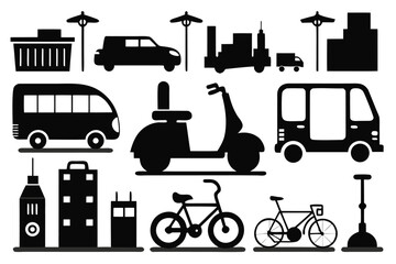 Collection of black silhouette icons of various vehicles and buildings