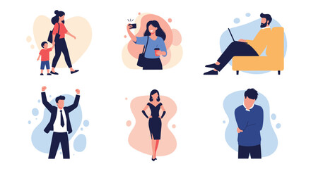 A collection of diverse people experiencing various emotions and activities.